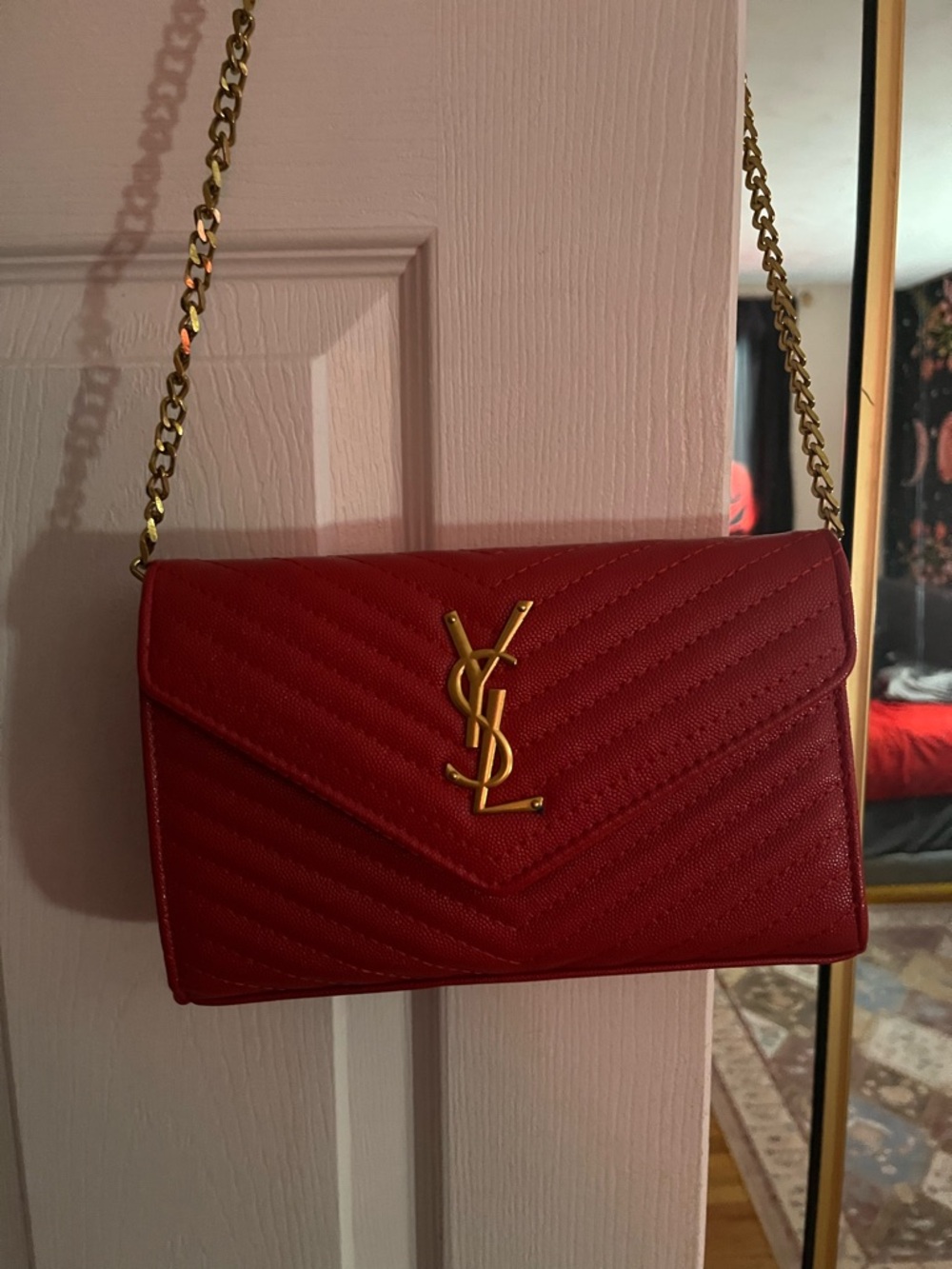 YSL Red Quilted Envelope Shoulder Bag with Gold